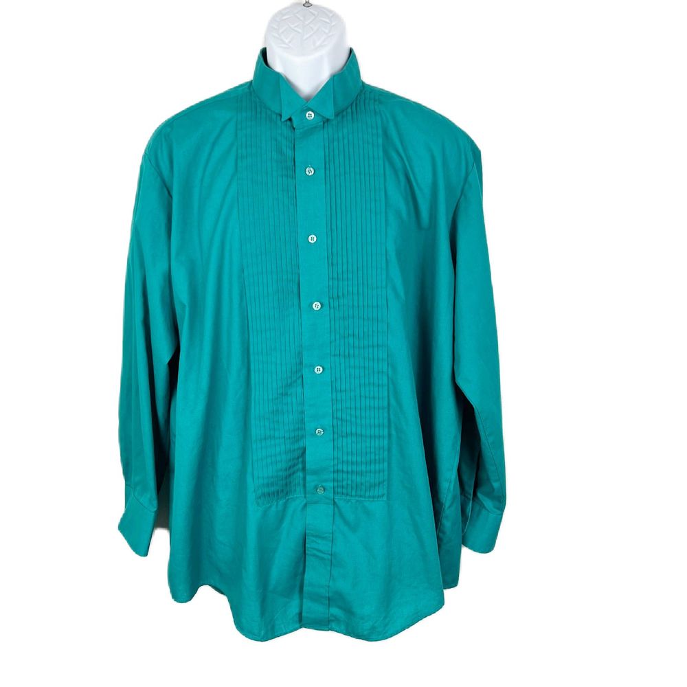 Vintage Chaplin Button Down Shirt Men XL Green Long Sleeve Tuxedo Solid Formal